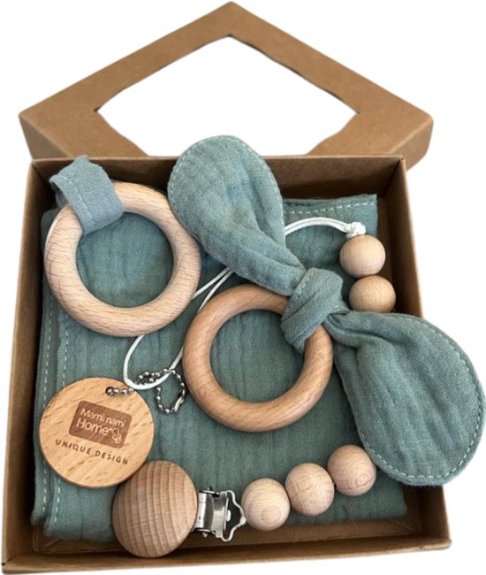 Baby Cadeau – Kraamcadeau Unisex – 3-delige Geschenkset met Bijtring, Speenkoord & Knuffeldoekje – Babyshower / Gender Reveal - Mint Groen