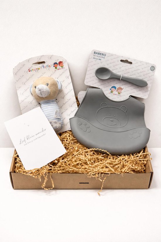 Baby cadeau set siliconen slab met lepel + rammelaar en kaartje met lief klein wonder je bent zo bijzonder