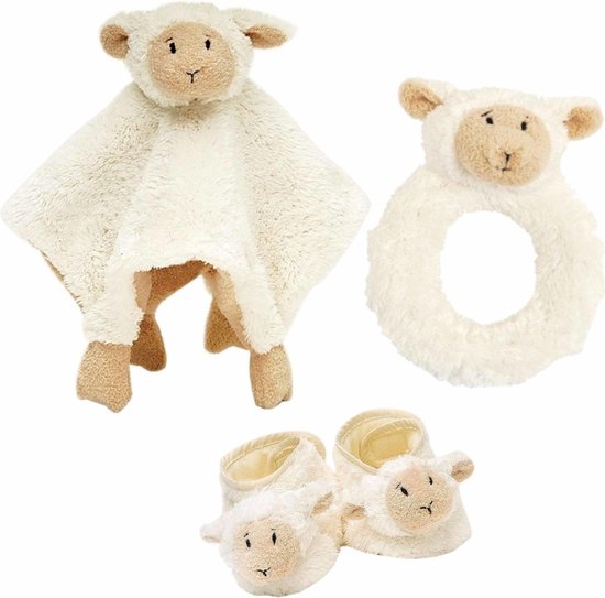 Baby cadeau setje rammelaar, baby slofjes en tuttel doekje van Lammy het lammetje - Happy Horse knuffels van Happy Horse