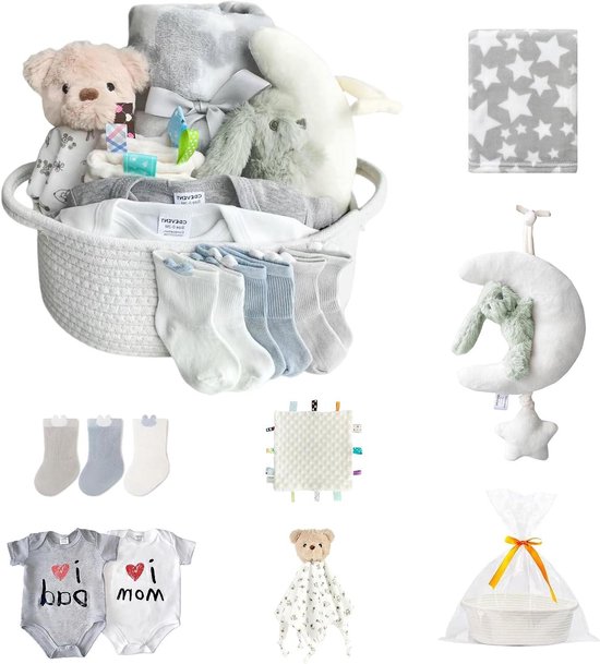 Baby Cadeauset - Baby Mand Geschenk - Baby Verzorging - Complete Newborn Set - Baby Maat - Wit