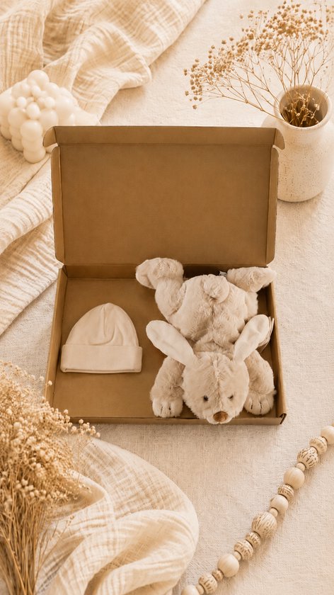 Baby Cadeauset Beige – Knuffel & Babymutsje in Luxe Gouden Geschenkdoos – Kraamcadeau Babyshower – Kraamcadeau Jongen / Meisje