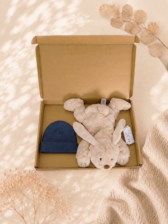 Baby Cadeauset Blauw - Knuffel & Babymutsje in Luxe Gouden Geschenkdoos - Kraamcadeau Babyshower - Kraamcadeau Jongen