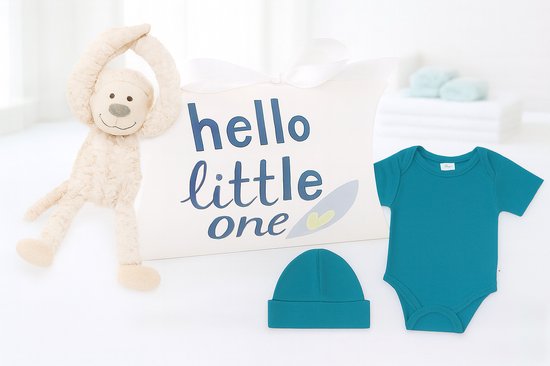 Baby Cadeauset Jongen – Luxe Kraamcadeau & Babyshower Geschenk – Hello Little One Romper, Mutsje en Knuffel slinger aap van Merkloos