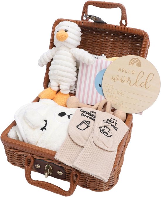 Baby Cadeauset - Kraammand Baby - Baby Verwelkomen - 15 Delige Set - 24 x 20 x 12 cm - Wit