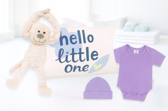 Baby Cadeauset Meisje – Luxe Kraamcadeau & Babyshower Geschenk – Hello Little One Romper, Mutsje en Knuffel slinger aap van Merkloos