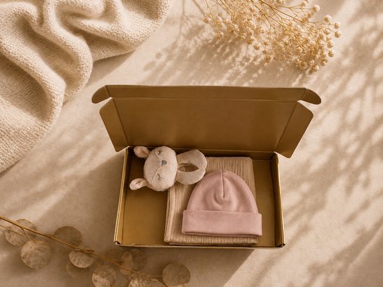 Baby Cadeauset roze – Knuffeldoek & Babymutsje in Luxe Gouden Geschenkdoos – 100% katoen – Kraamcadeau Babyshower – Kraamcadeau Meisje