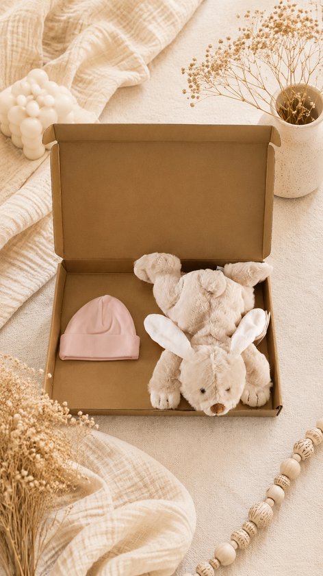 Baby Cadeauset roze/ licht roze – Knuffel & Babymutsje in Luxe Gouden Geschenkdoos – Kraamcadeau Babyshower – Kraamcadeau Meisje