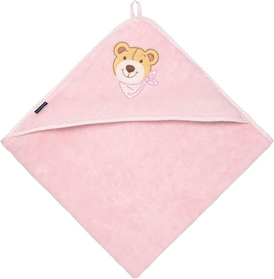 Baby capuchondoek - Badcape met capuchon - Baby baden - Geborduurd met beer - 100 x 100 cm - Roze