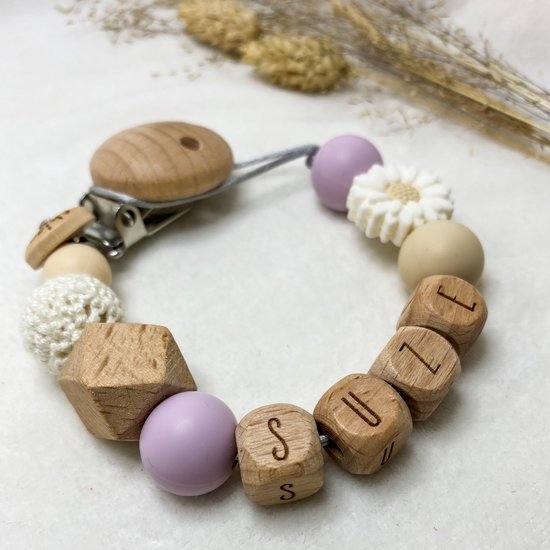 Baby Chique Uden | Speenkoord met naam | Lila Flower | Kraamcadeau | Babyshower | Babygym | Baby born | Gepersonaliseerd van Baby Chique Uden