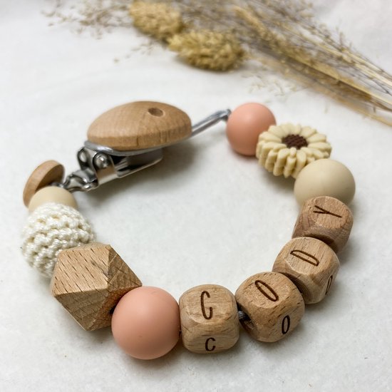 Baby Chique Uden | Speenkoord met naam | Roze Flower | Kraamcadeau | Babyshower | Babygym | Baby born | Gepersonaliseerd van Baby Chique Uden