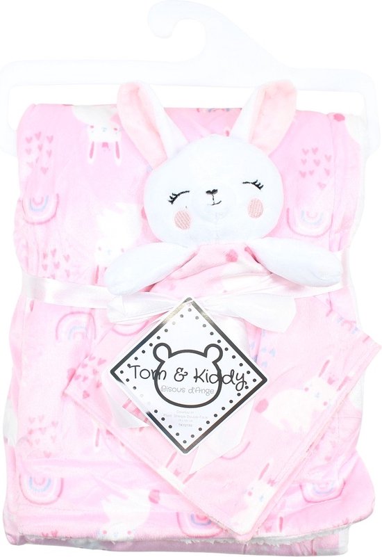 Baby deken & knuffeldoekje | 2 - delige set | Cadeau | roze | deken regeboog motief | deken konijn | van Merkloos
