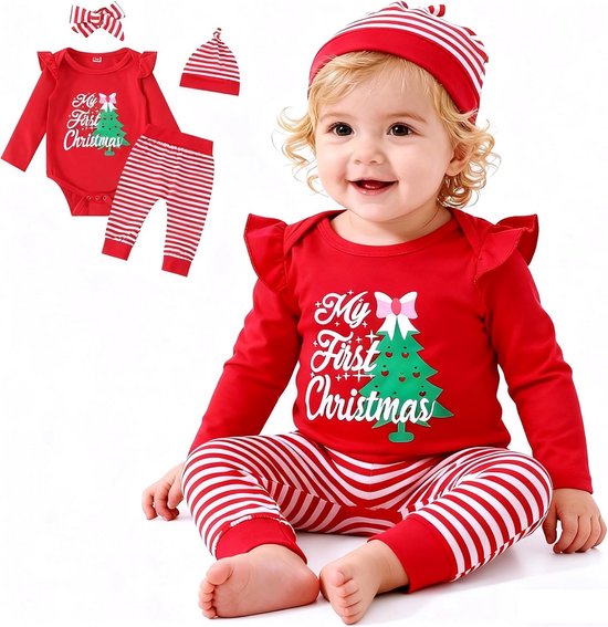 Baby Eerste Kerstoutfit Meisjes Romper, Broek, Muts en Hoofdband Kerstcadeau 0-18 Maanden