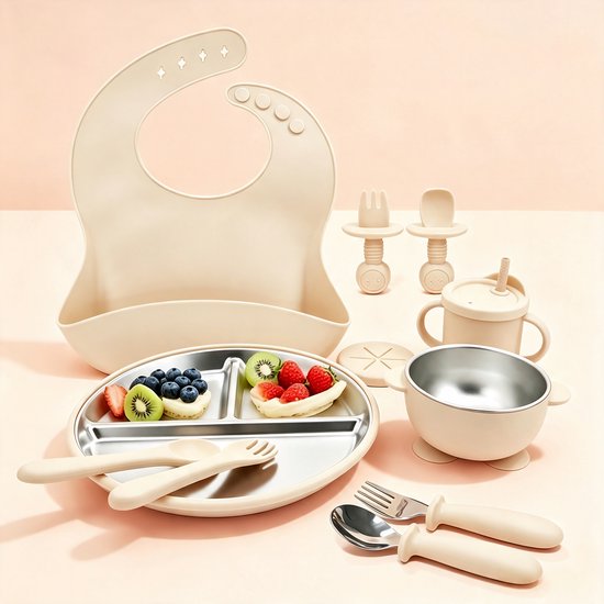 Baby Eetset 11-Delig Voedselveilig Siliconen En 304 Rvs - Slab, Borden, Kom En Bestek - Vanaf 6 Maanden - Met Zuignap - BPA Vrij - Voor Baby & Peuters - Beige wit