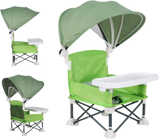 Baby Eetstoel - Kinderstoel Buiten - Picknicken en Reizen - Inclusief Zonnekap - 39 x 18 x 39 cm - Groen