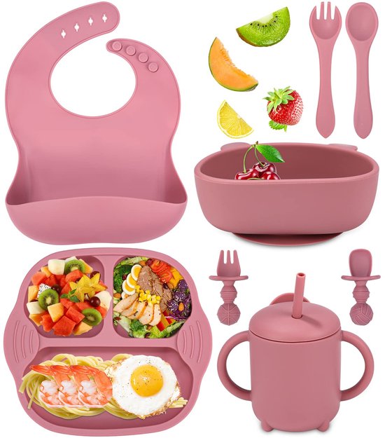 Baby Eetwaren Set 8-delig - Zuignap Borden & Kom - Siliconen Leer-eten Set met Slabbertje en Drinkbeker - Geschikt voor Magnetron & Vaatwasser - BPA-vrij Roze Babybestek - Kraamcadeau voor Meisjes van Merkloos