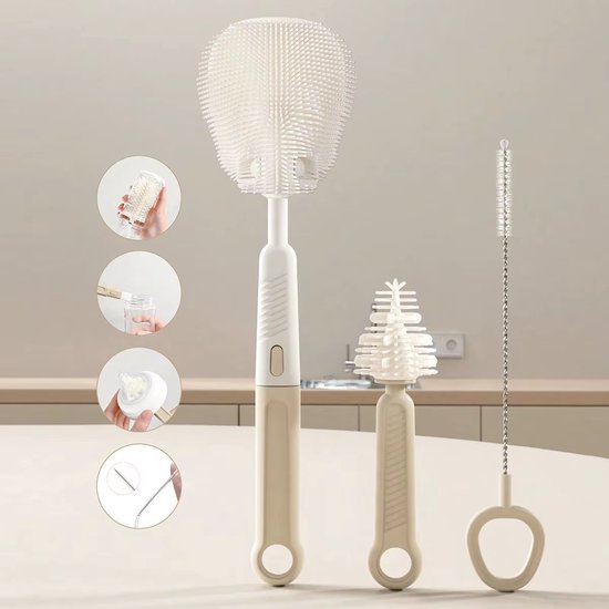 Baby Flessenborstel met bijzondere borstelkop - 360° Reiniging - Baby Borstels - Beige - Reinigt Moeilijk Bereikbare PlekkenBab van Eulia