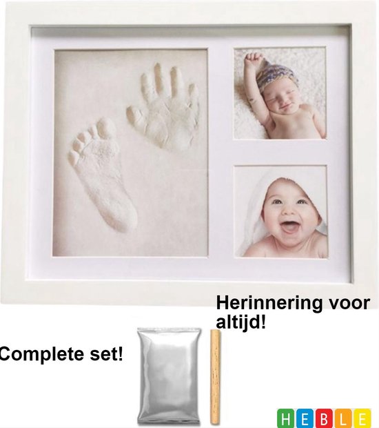 *** Baby Fotolijst - met Klei Afdruk Voet en Hand ( Gipsafdruk baby ) - Kraamcadeau Jongen / Kraamcadeau Meisje - Babyshower - Kraampakket / Geboorte Cadeau - Baby Artikelen - van Heble® *** van Heble®
