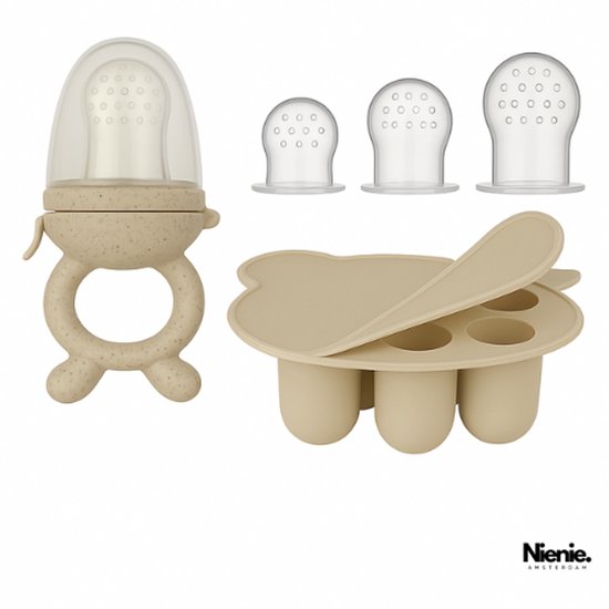 Baby Fruitspeen + 3 spenen & IJsblokjesvorm - Babyhapjes bewaarbakjes - 100% siliconen Fopspeen Beige - Sabbelzakje met bijtring - Nienie Amsterdam® van Nienie Amsterdam®