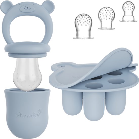 Baby Fruitspeen + 3 spenen & IJsblokjesvorm - Babyhapjes bewaarbakjes - 100% siliconen Fopspeen Blauw - Sabbelzakje met bijtring - Broemba® van Broemba