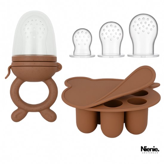 Baby Fruitspeen + 3 spenen & IJsblokjesvorm - Babyhapjes bewaarbakjes - 100% siliconen Fopspeen Bruin - Sabbelzakje met bijtring - Nienie Amsterdam® van Nienie Amsterdam®