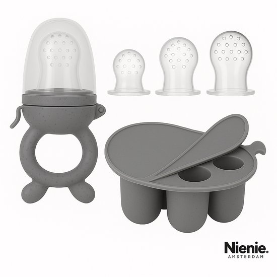 Baby Fruitspeen + 3 spenen & IJsblokjesvorm - Babyhapjes bewaarbakjes - 100% siliconen Fopspeen Grijs - Sabbelzakje met bijtring - Nienie Amsterdam® van Nienie Amsterdam®