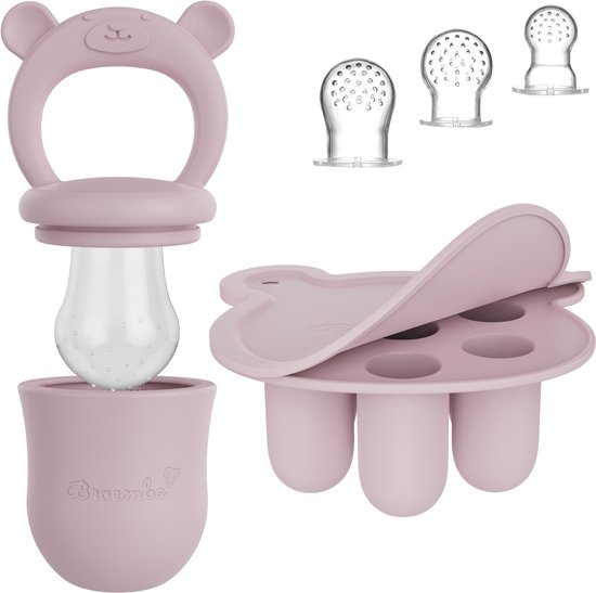 Baby Fruitspeen + 3 spenen & IJsblokjesvorm - Babyhapjes bewaarbakjes - 100% siliconen Fopspeen Roze - Sabbelzakje met bijtring - Broemba® van Broemba