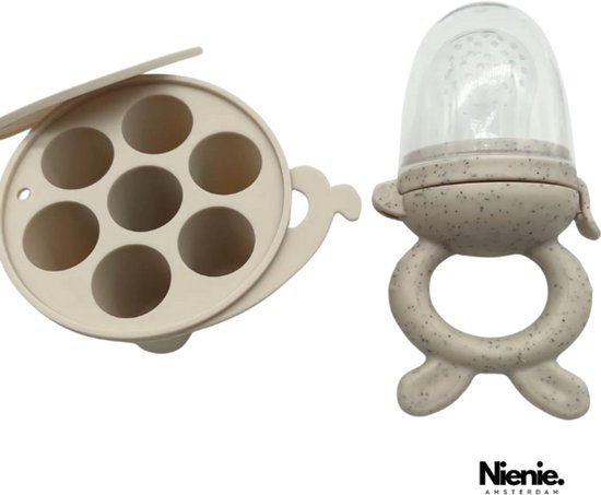 Baby Fruitspeen & IJsblokjesvorm - Babyhapjes bewaarbakjes - 100% siliconen Fopspeen Beige - Sabbelzakje met bijtring - Nienie Amsterdam® van Merkloos