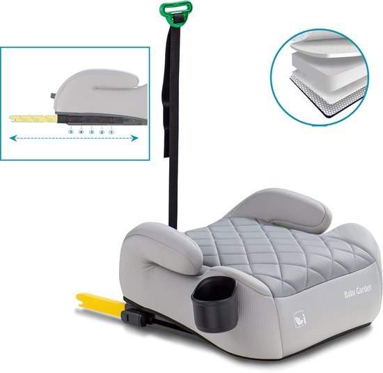 Baby Garden Auto Zitverhoger Isofix - I-Size - Autozitje - EU Gecertificeerd - Premium Comfort - Instelbare ISOFIX - Incl. bekerhouder en gordel - Nederlands Ontwerp - Grijs