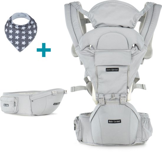 Baby Garden Draagzak 4 in 1 – Baby Draagzak Ergonomisch, Verstelbaar & Ademend – Met Heupzitje, Zonnekap & Slabbetje – Licht grijs van Baby Garden