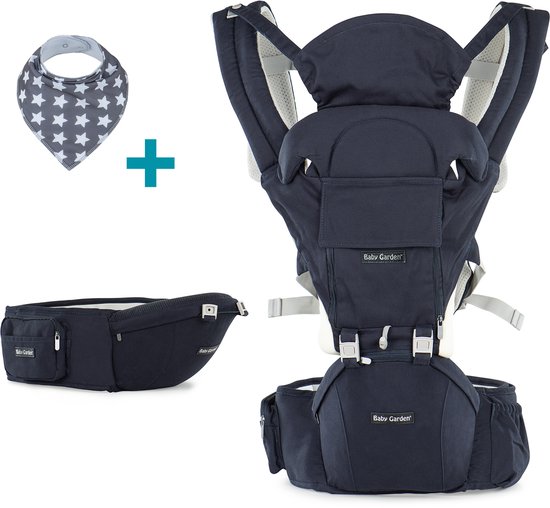 Baby Garden Draagzak 4-in-1 met Heupzitje – Ventilatiesysteem – Zonnekap – EU Gecertificeerd - Incl. Slabbetje – Verstelbaar – Donkerblauw van Baby Garden