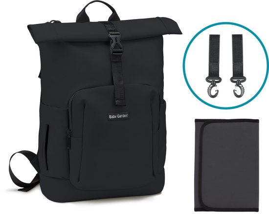Baby Garden Luiertas Salerno - Luiertas Rugzak Rolltop - 20L tot 25L - Inclusief verschoonmatje & Kinderwagen Haken - Zwart