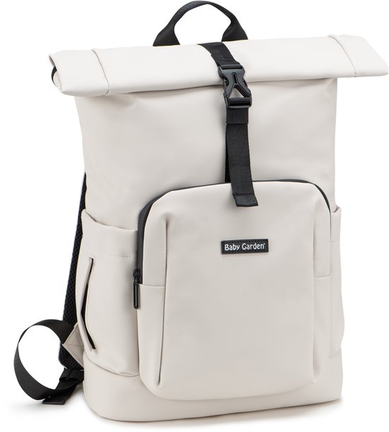 Baby Garden Luiertas Salerno - Luiertas Rugzak Rolltop - 20L tot 25L - Verstelbaar - Inclusief verschoonmatje & Kinderwagen Haken - licht gestippelde textuur - Beige van Baby Garden