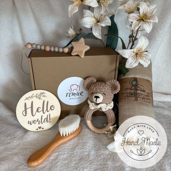 Baby Geboorte Set - Baby Speelgoed - New Born Set - Geschenk Set - Kraamcadeau - Babyshower - Gender Reveal Party - Bijtring - Handgemaakt - Natuurlijke Materialen - Speenkoord - Beer