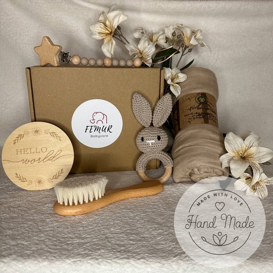 Baby Geboorte Set - Baby Speelgoed - New Born Set - Geschenk Set - Kraamcadeau - Babyshower - Gender Reveal Party - Bijtring - Handgemaakt - Natuurlijke Materialen - Speenkoord - Bruin Konijn