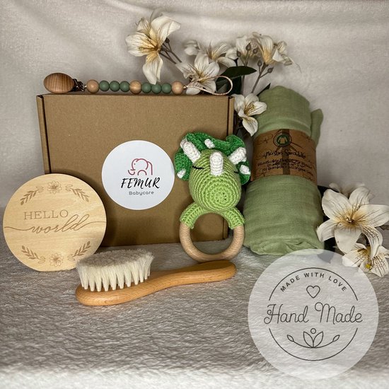 Baby Geboorte Set – Baby Speelgoed – New Born Set – Geschenk Set - Kraamcadeau – Babyshower – Gender Reveal Party - Bijtring – Handgemaakt – Natuurlijke Materialen – Speenkoord - Dino