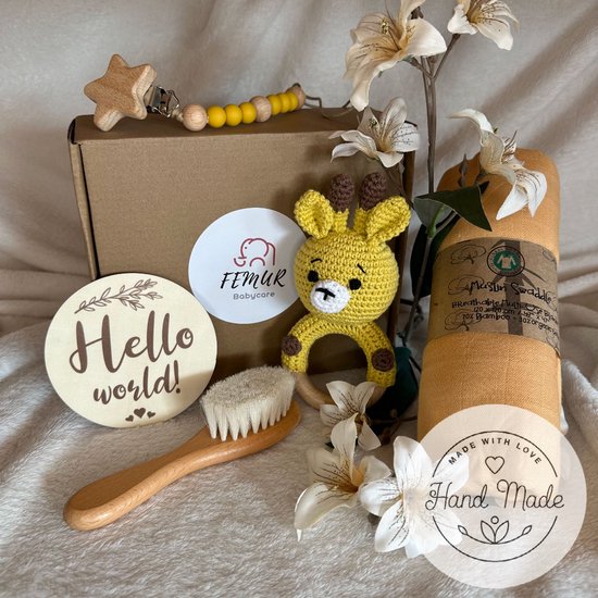 Baby Geboorte Set – Baby Speelgoed – New Born Set – Geschenk Set - Kraamcadeau – Babyshower – Gender Reveal Party - Bijtring – Handgemaakt – Natuurlijke Materialen – Speenkoord - Giraffe van MiniMez.