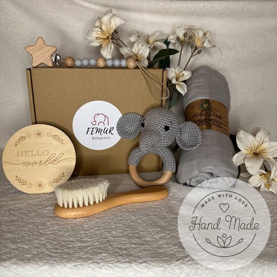 Baby Geboorte Set – Baby Speelgoed – New Born Set – Geschenk Set - Kraamcadeau – Babyshower – Gender Reveal Party - Bijtring – Handgemaakt – Natuurlijke Materialen – Speenkoord - Grijze Olifant
