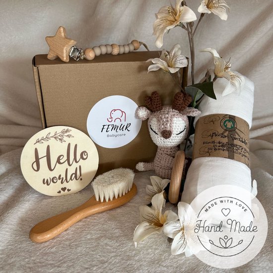 Baby Geboorte Set – Baby Speelgoed – New Born Set – Geschenk Set - Kraamcadeau – Babyshower – Gender Reveal Party - Bijtring – Handgemaakt – Natuurlijke Materialen – Speenkoord - Hert