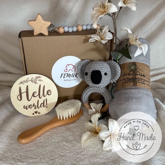 Baby Geboorte Set – Baby Speelgoed – New Born Set – Geschenk Set - Kraamcadeau – Babyshower – Gender Reveal Party - Bijtring – Handgemaakt – Natuurlijke Materialen – Speenkoord - Koala
