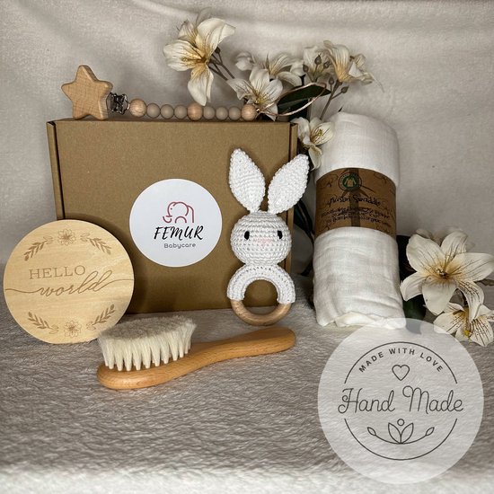 Baby Geboorte Set - Baby Speelgoed - New Born Set - Geschenk Set - Kraamcadeau - Babyshower - Gender Reveal Party - Bijtring - Handgemaakt - Natuurlijke Materialen - Speenkoord - Konijn Wit