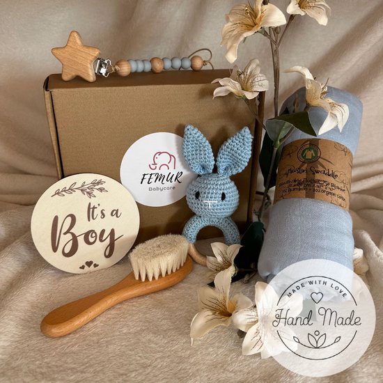 Baby Geboorte Set – Baby Speelgoed – New Born Set – Geschenk Set - Kraamcadeau – Babyshower – Gender Reveal Party - Bijtring – Handgemaakt – Natuurlijke Materialen – Speenkoord - Konijn
