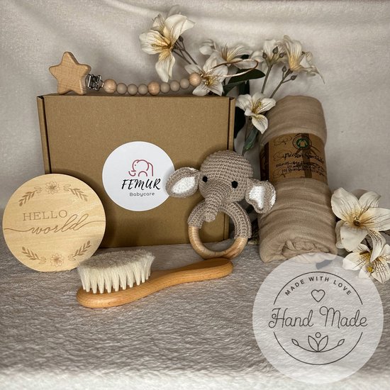 Baby Geboorte Set – Baby Speelgoed – New Born Set – Geschenk Set - Kraamcadeau – Babyshower – Gender Reveal Party - Bijtring – Handgemaakt – Natuurlijke Materialen – Speenkoord - Olifant