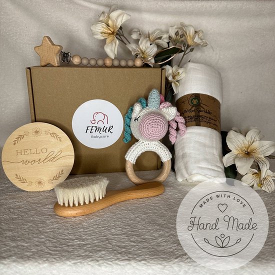 Baby Geboorte Set - Baby Speelgoed - New Born Set - Geschenk Set - Kraamcadeau - Babyshower - Gender Reveal Party - Bijtring - Handgemaakt - Natuurlijke Materialen - Speenkoord - Unicorn