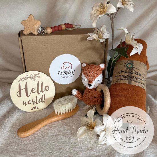 Baby Geboorte Set - Baby Speelgoed - New Born Set - Geschenk Set - Kraamcadeau - Babyshower - Gender Reveal Party - Bijtring - Handgemaakt - Natuurlijke Materialen - Speenkoord - Vos