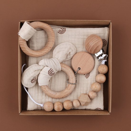 Baby Geschenkset - 3-delige set - Kraamcadeau - babyshower- gender reveal - Unisex baby cadeau - kraamvisite- jongen - meisje - giftset - bijtring - doorkomende tandjes - speenkoord - speenketting - knuffeldoekje - Beige met print van Merkloos