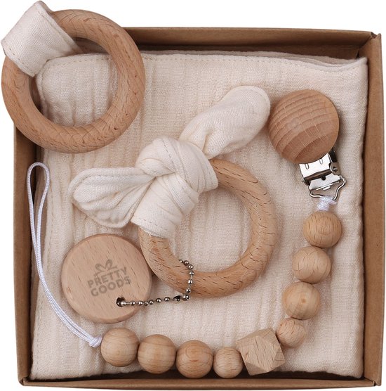 Baby Geschenkset - 3-delige set - Kraamcadeau - babyshower- gender reveal - Unisex baby cadeau - kraamvisite- jongen - meisje - giftset - bijtring - doorkomende tandjes - speenkoord - speenketting - knuffeldoekje - Beige van Merkloos