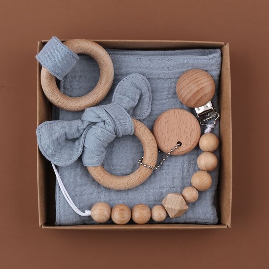 Baby Geschenkset - 3-delige set - Kraamcadeau - babyshower- gender reveal - Unisex baby cadeau - kraamvisite- jongen - meisje - giftset - bijtring - doorkomende tandjes - speenkoord - speenketting - knuffeldoekje - Blauw van Merkloos