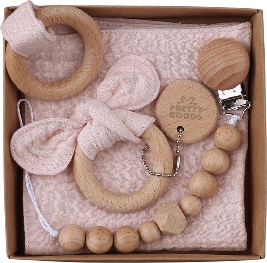 Baby Geschenkset - 3-delige set - Kraamcadeau - babyshower- gender reveal - Unisex baby cadeau - kraamvisite- jongen - meisje - giftset - bijtring - doorkomende tandjes - speenkoord - speenketting - knuffeldoekje - Licht Roze van Nattou