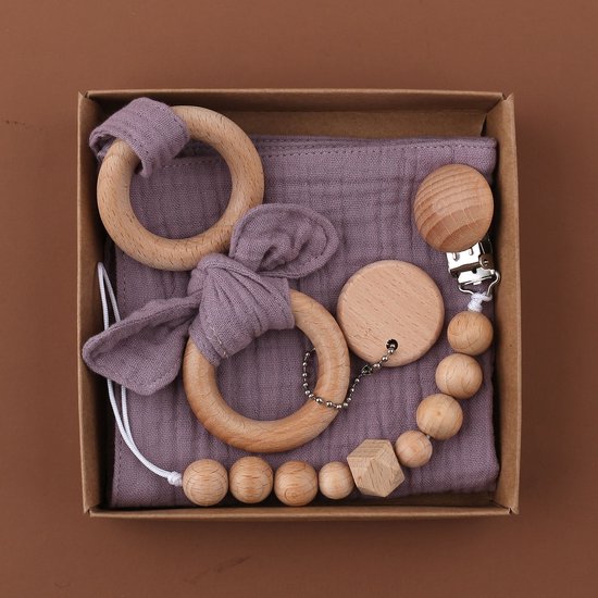 Baby Geschenkset - 3-delige set - Kraamcadeau - babyshower- gender reveal - Unisex baby cadeau - kraamvisite- jongen - meisje - giftset - bijtring - doorkomende tandjes - speenkoord - speenketting - knuffeldoekje - Paars van Merkloos