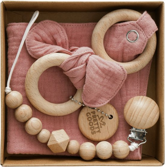 Baby Geschenkset - 3-delige set - Kraamcadeau - babyshower- gender reveal - Unisex baby cadeau - kraamvisite- jongen - meisje - giftset - bijtring - doorkomende tandjes - speenkoord - speenketting - knuffeldoekje - Roze van Merkloos